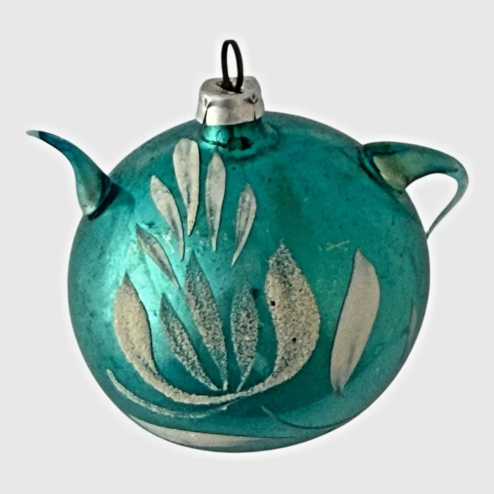 West Germany Teapot Christmas Ornament OS Aqua Blue Good Vintage Glass Floral